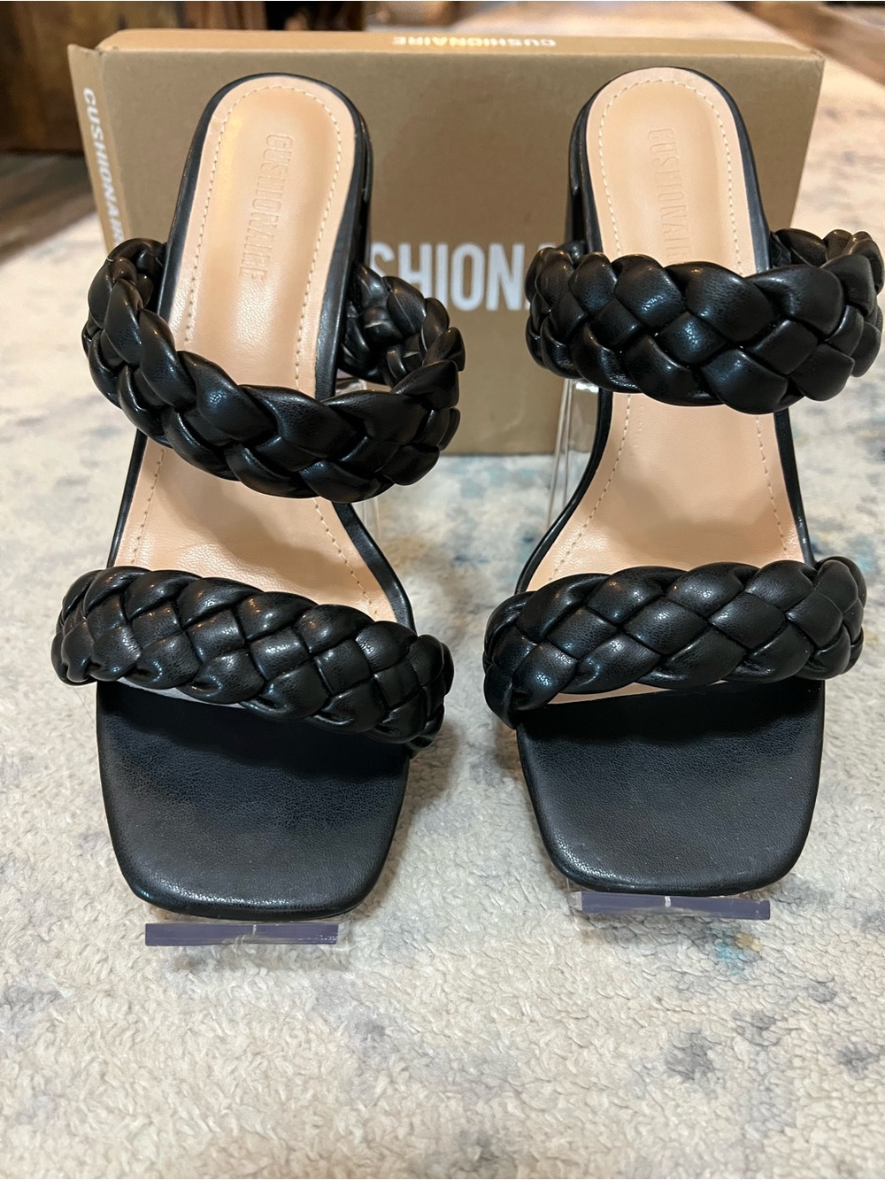 Black Braided Double-Strap Square-Toe Mules